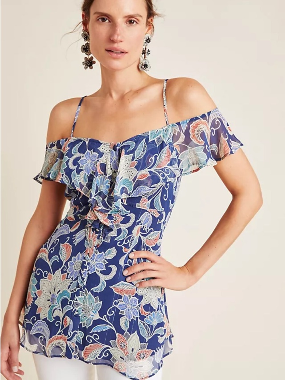 Maeve Navy Floral Ruffle Cold-Shoulder Blouse with Multicolor Print